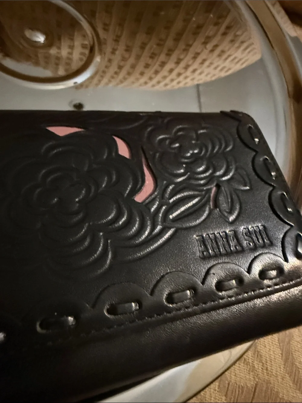 Anna Sui Rose Cutout / Rose Embossed Leather Trifold Wallet EUC